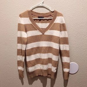 Tan & White Stripes V Neck Sweater